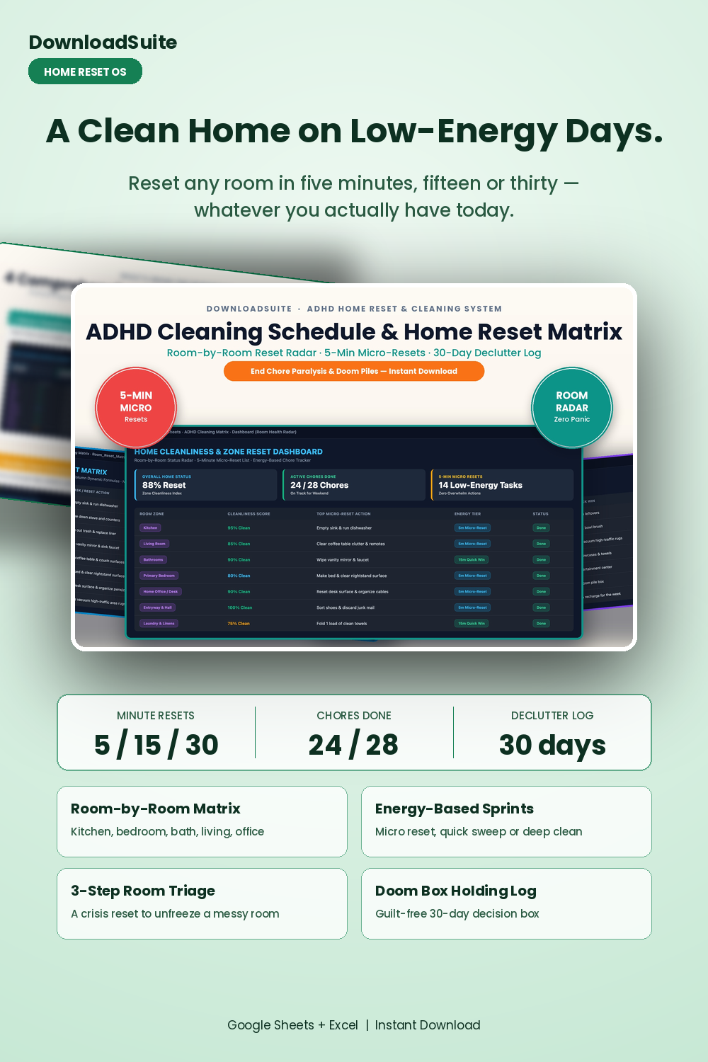 ADHD Cleaning Schedule & Home Reset Matrix (Google Sheets & Excel)