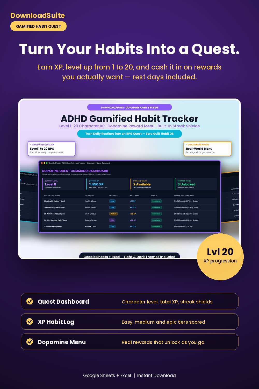 ADHD Gamified Habit Tracker & Quest Journal (Google Sheets & Excel)