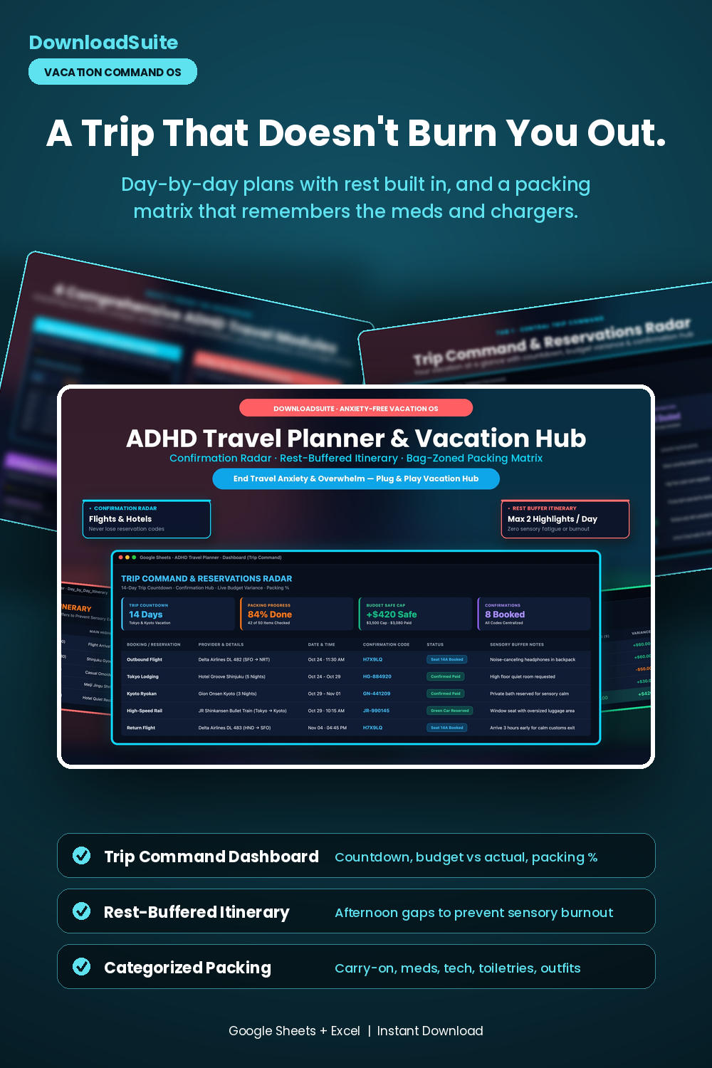 ADHD Travel Planner & Vacation Itinerary Hub (Google Sheets & Excel)