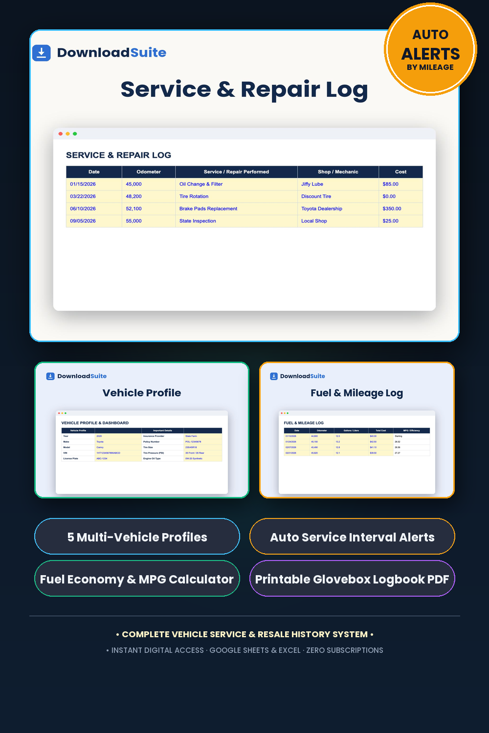 Car Maintenance Log & Service Tracker — Spreadsheet & PDF Printable