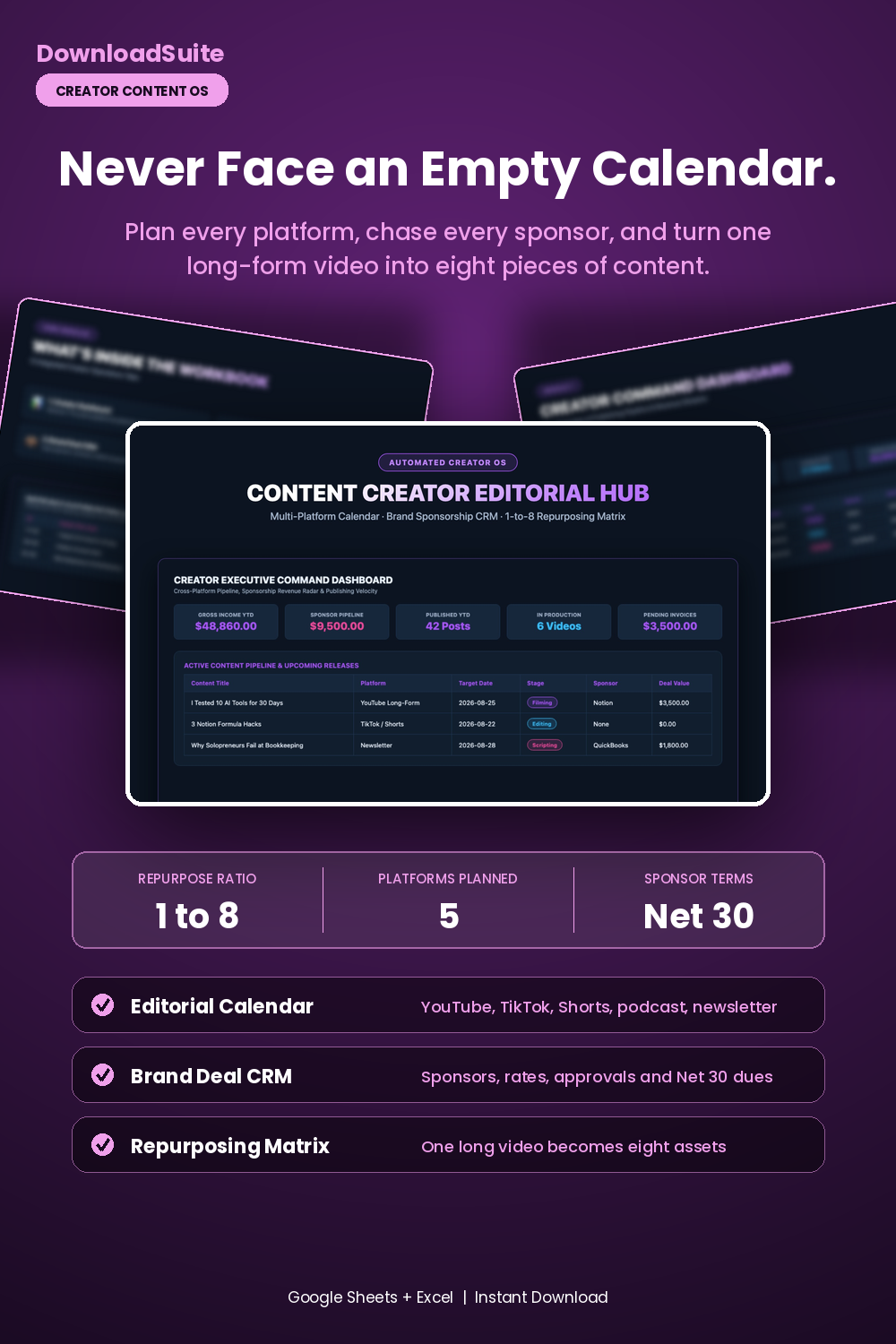 Content Creator Editorial Calendar Spreadsheet (Google Sheets & Excel)