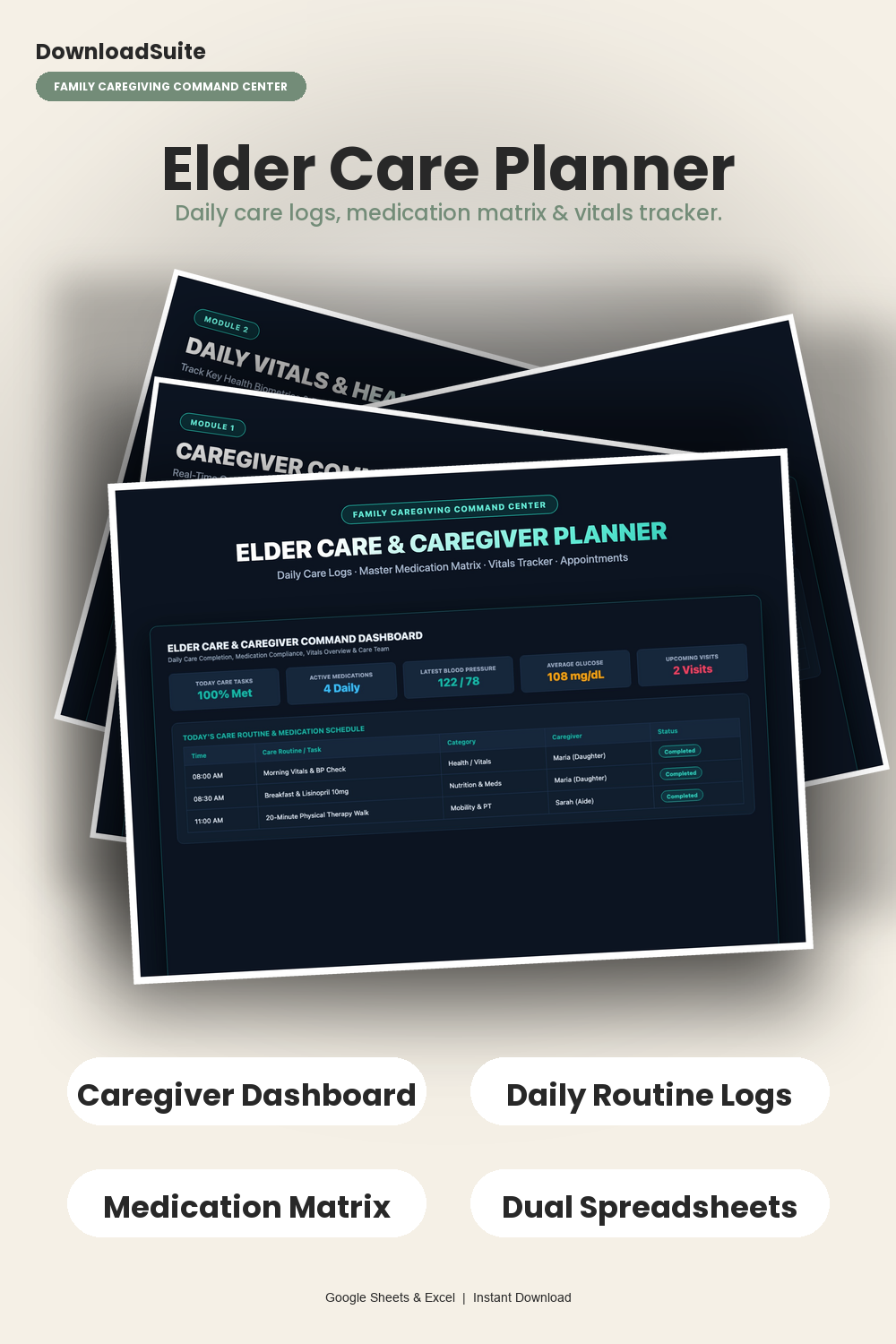 Elder Care & Caregiver Planner (Google Sheets & Excel)