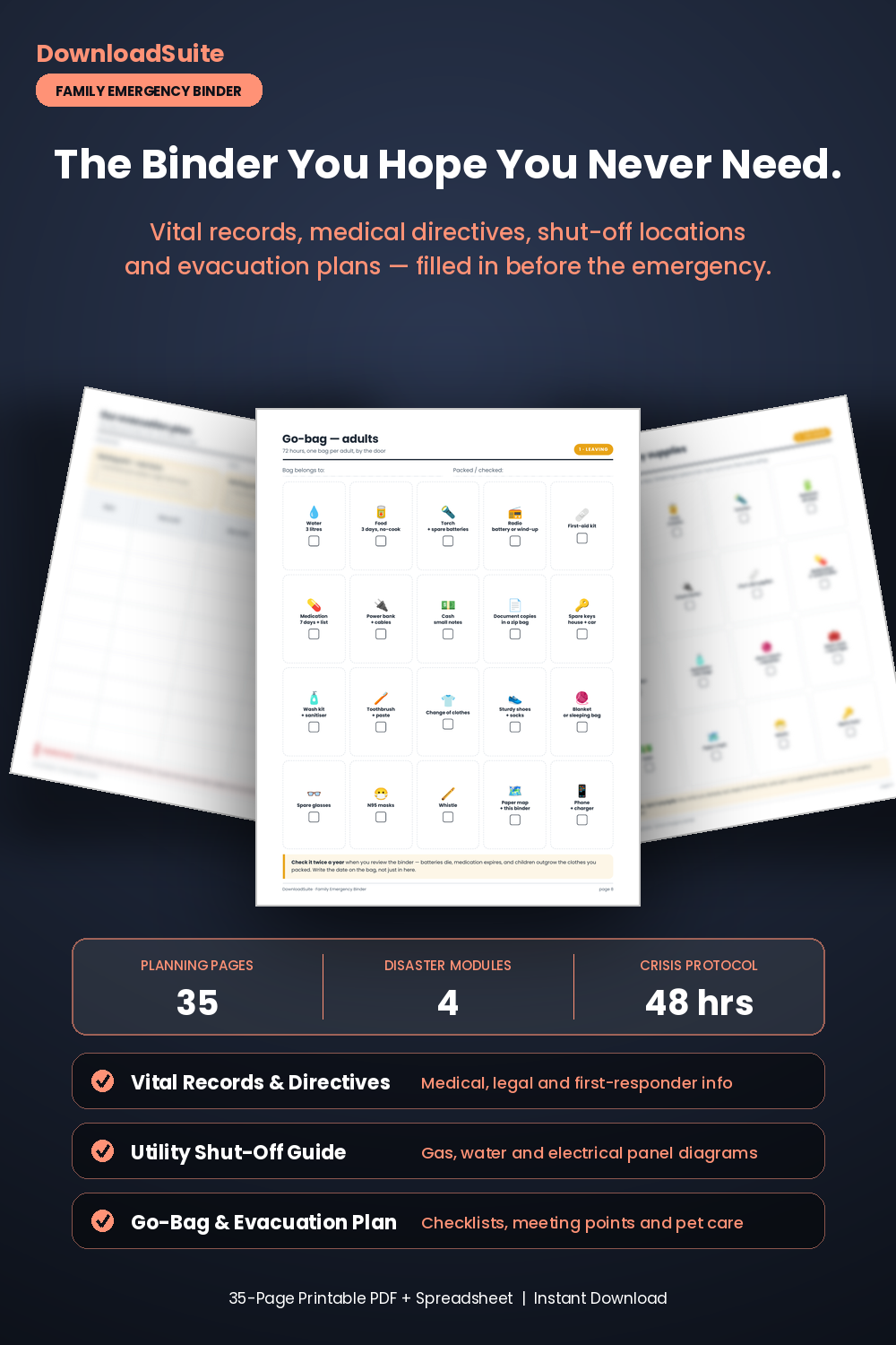 Family Emergency Binder & Disaster Readiness Kit (35 Pages + Spreadsheet)