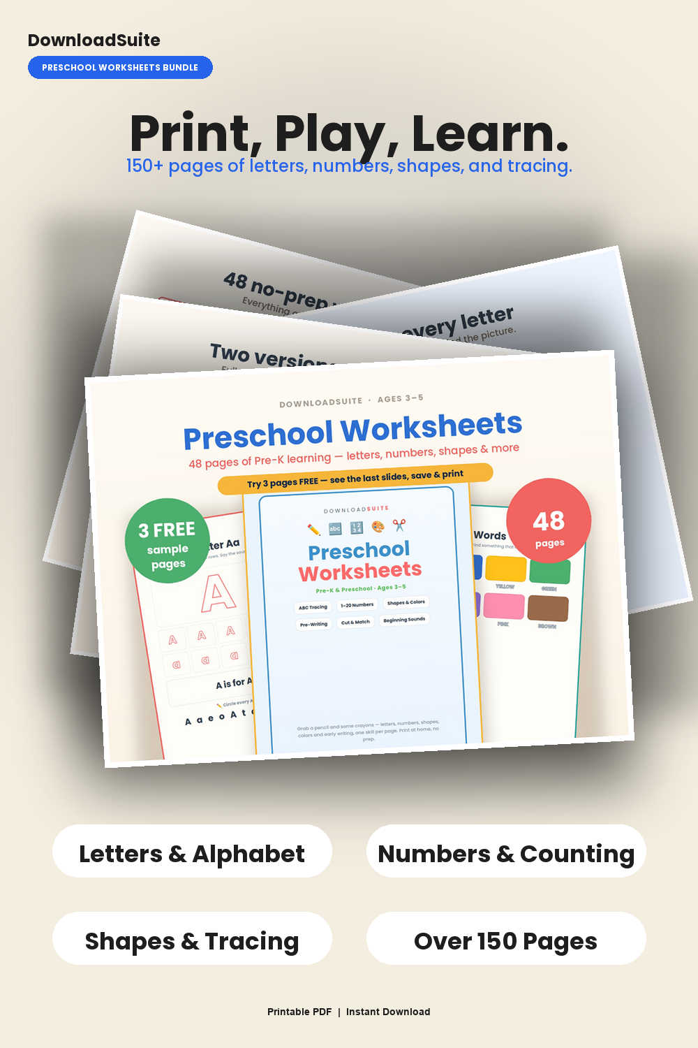 Preschool Worksheets & Pre-K Learning Bundle (50+ Printable Pages)