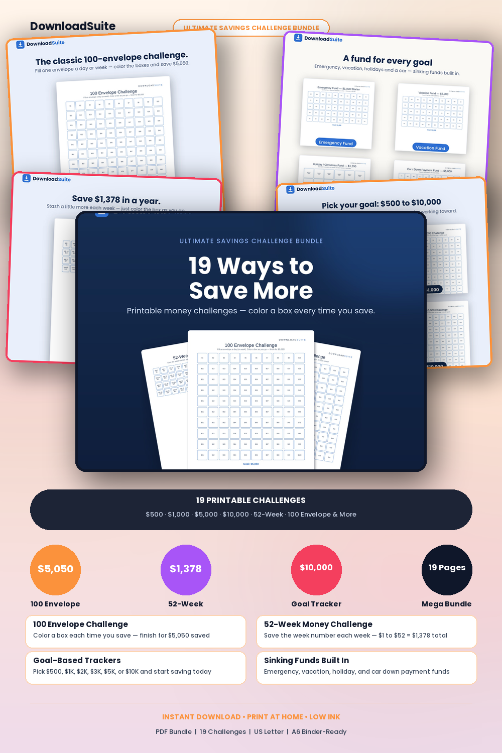 Savings Challenge Printable Bundle & Digital Tracker (PDF + Spreadsheet)