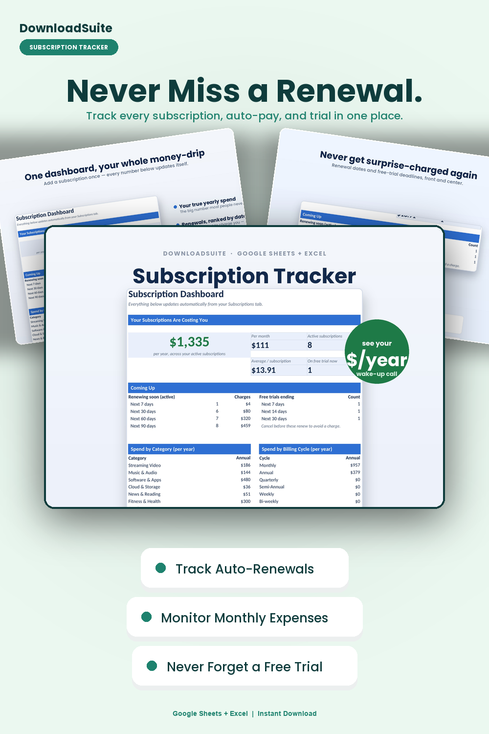 Subscription Tracker Spreadsheet | Recurring Expense Audit (Google Sheets & Excel)